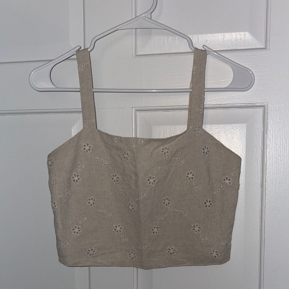 Lush Tops - Lush Beige Floral Eyelet Crop Top